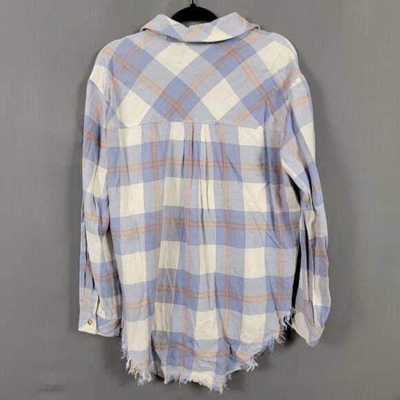 Jun & Ivy Blue White Plaid Button Down Shirt Frayed Hem Cotton Boho Casual Top - Picture 2 of 8
